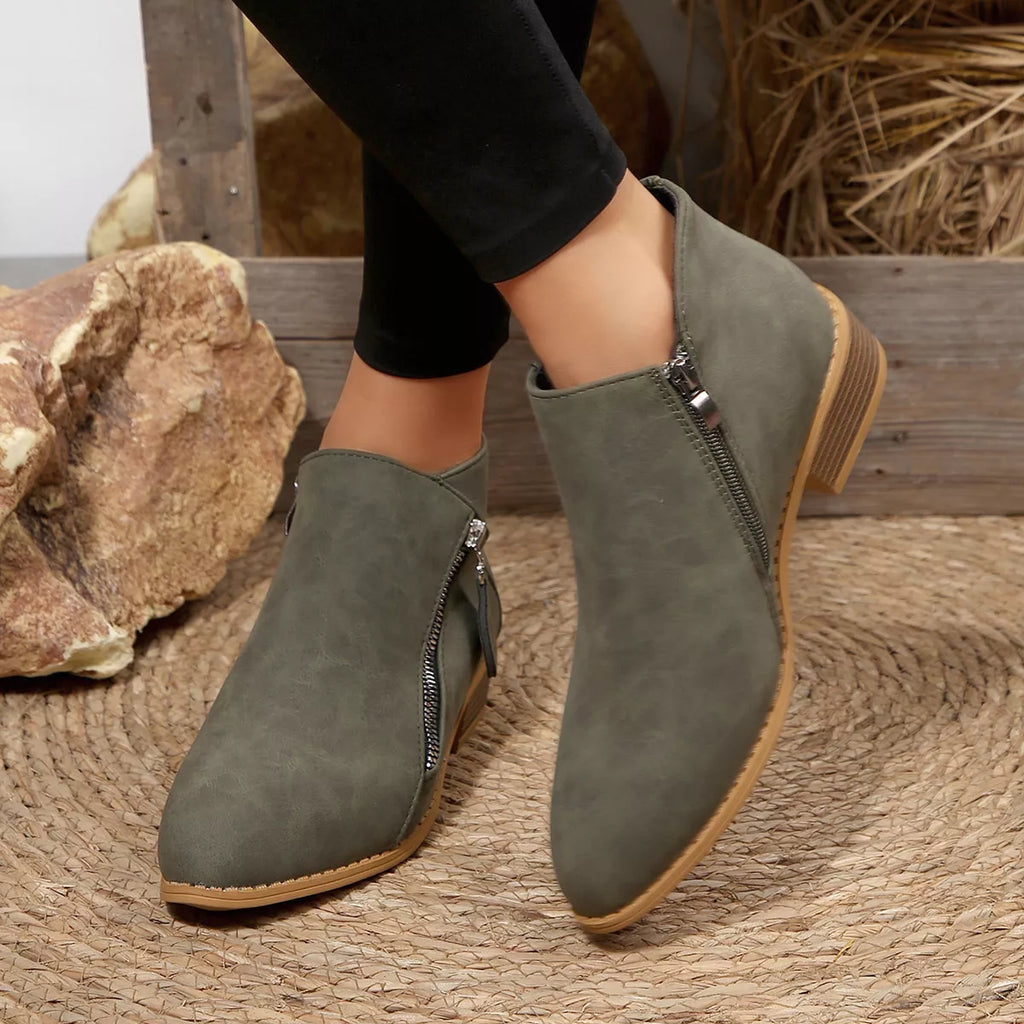 Olive-gray ankle boots with side zipper and block heel, tan outsole