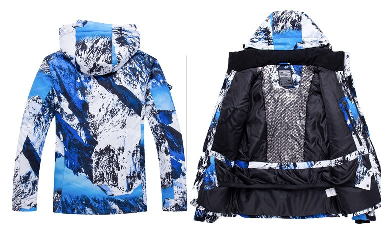 Waterproof ski suit: blue-and-white hooded jacket with black lining, front and back.
