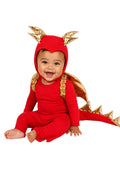 Red hooded baby dragon costume with gold horns and shoulder wing accents