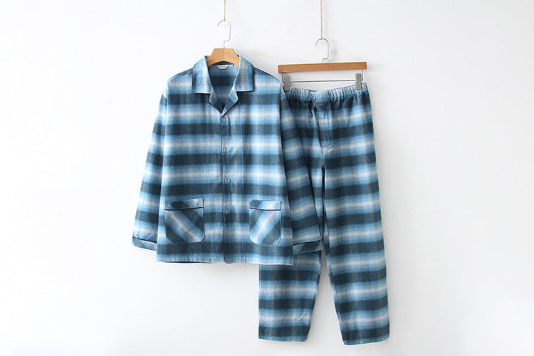 Men's blue plaid pajama set on hangers: button shirt and elastic-waist pants