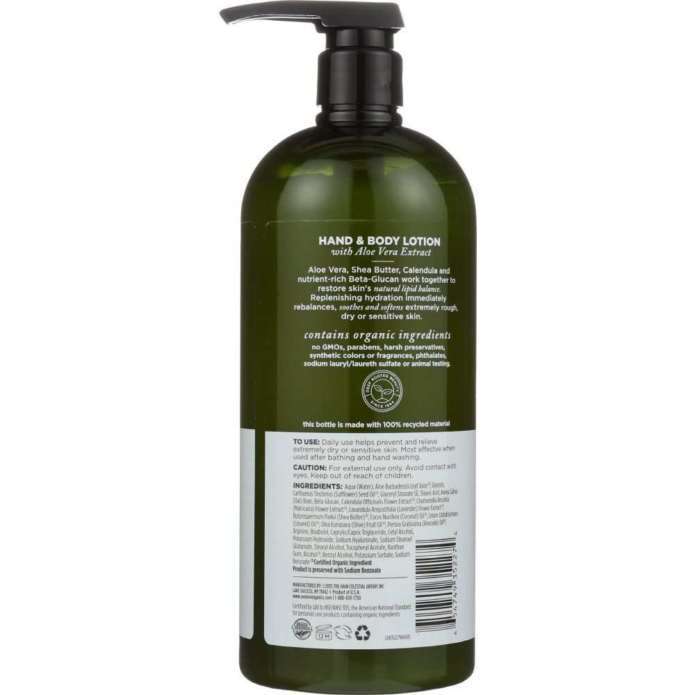 AVALON ORGANICS aloe unscented hand & body lotion label, green pump bottle