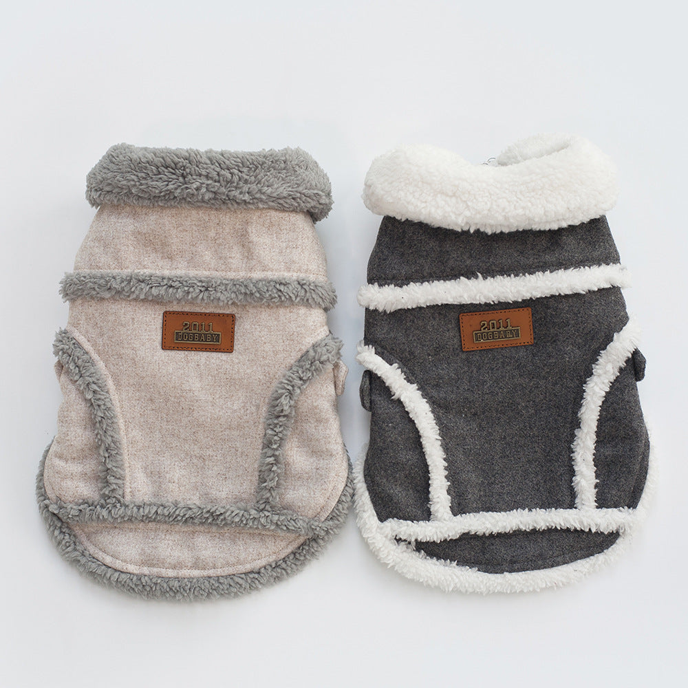 Dog winter fleece jacket set, light grey and dark grey with white striped chest panels