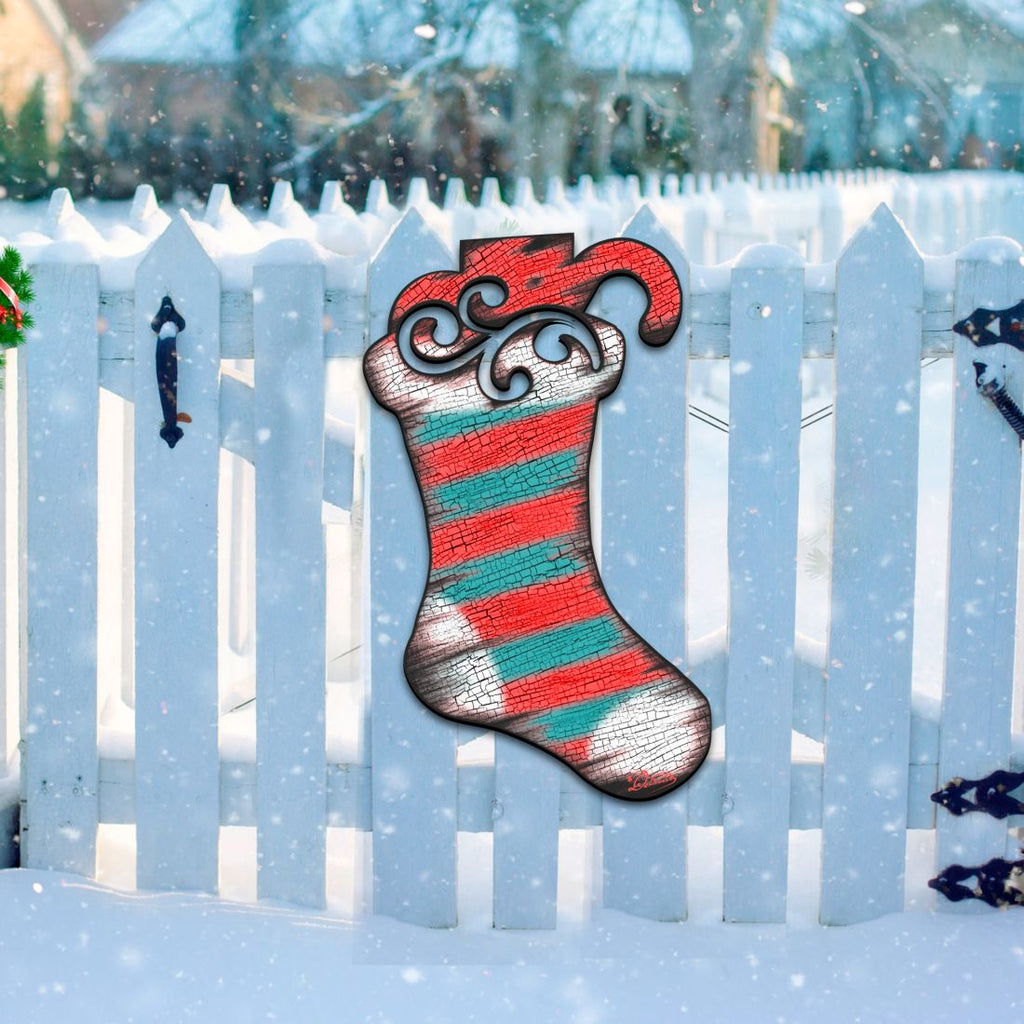 Christmas stocking door hanger decor with red and teal stripes and silver textured finish