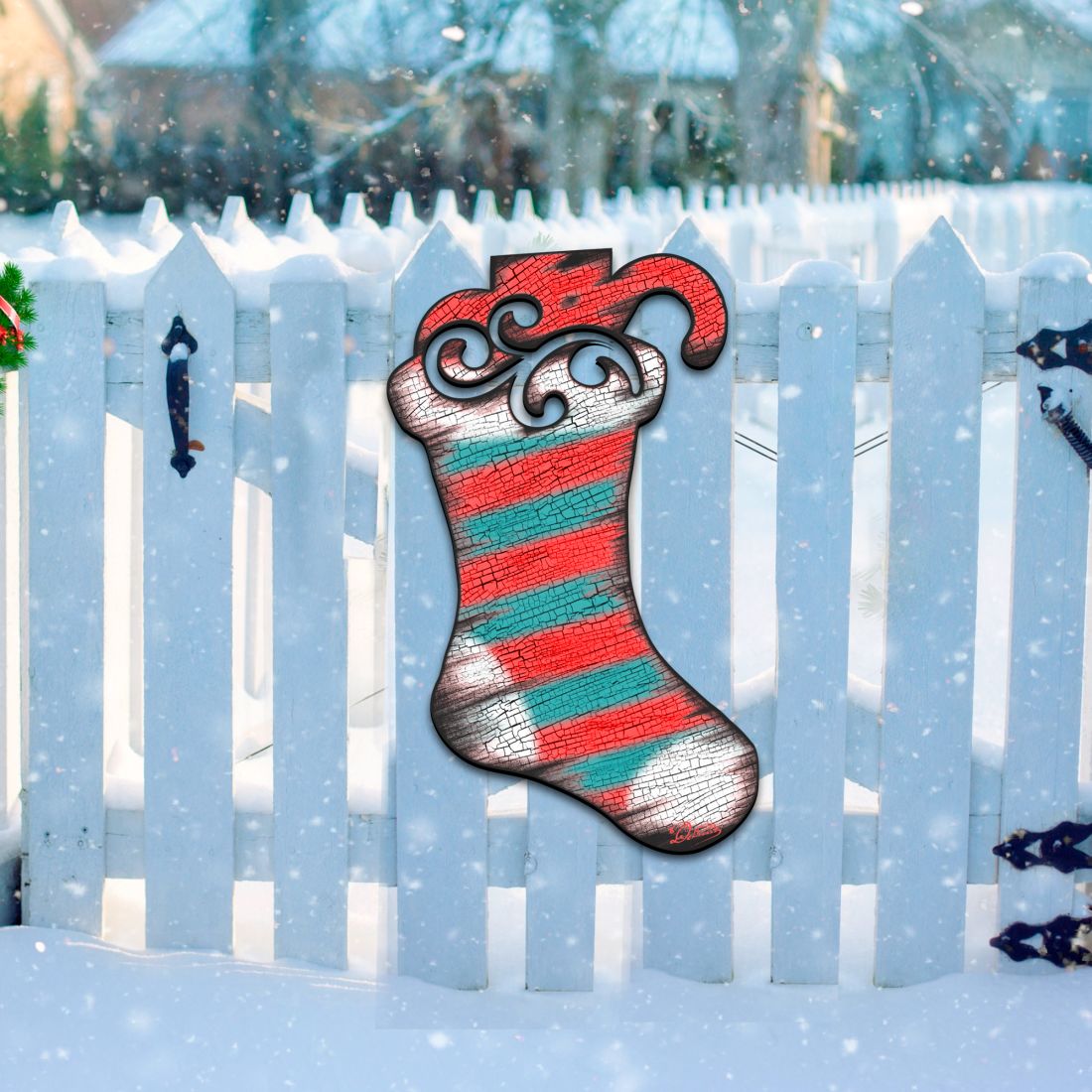 Christmas stocking door hanger decor with red and teal stripes and silver textured finish
