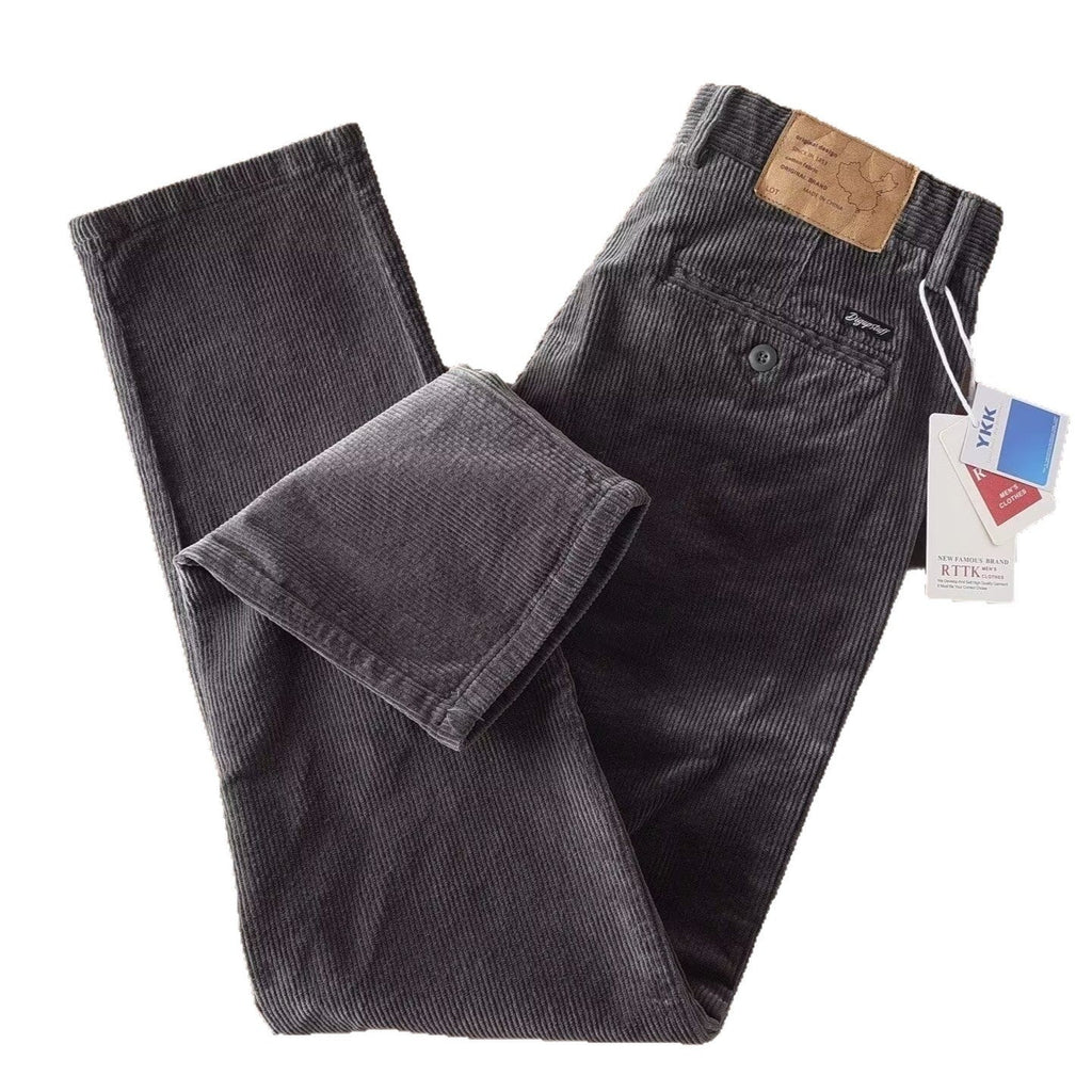 Men's corduroy straight-leg trousers in dark gray with zip fly and front button closure