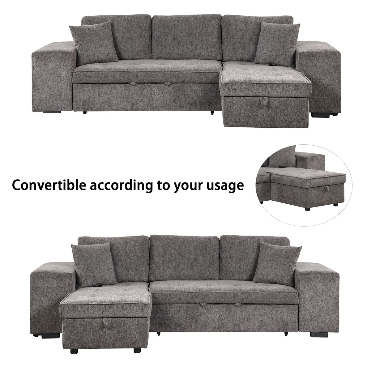 Dark gray convertible sleeper sectional sofa set with reversible seating and pull-out bed