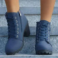 Blue ankle boots with chunky heel, lace-up front, side zipper and textured sole