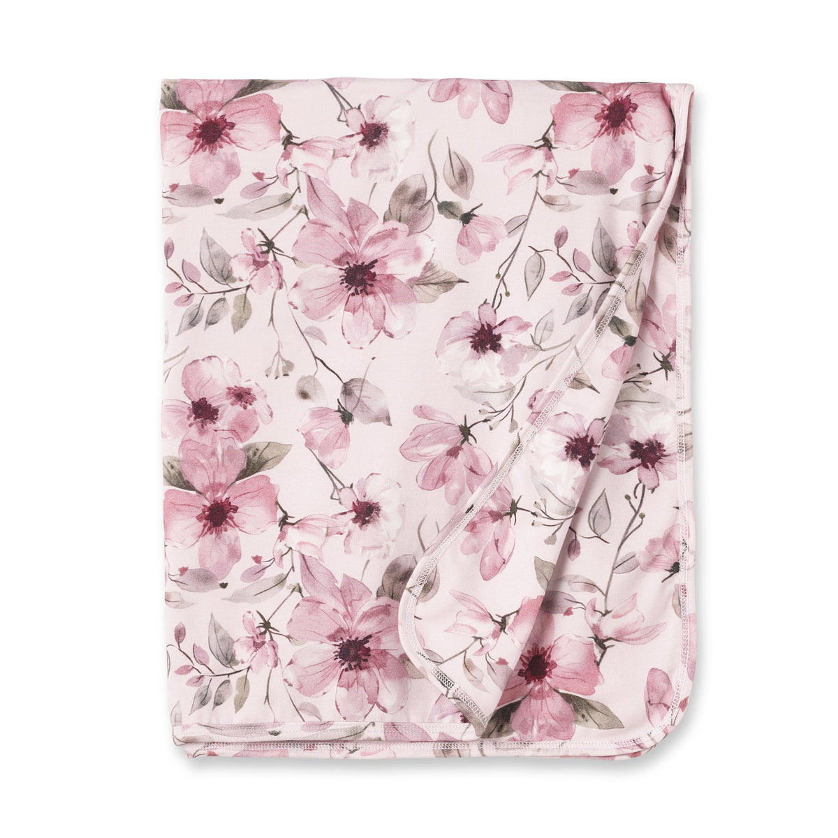 Pink watercolor floral baby stroller blanket, bamboo knit, folded with matching edges