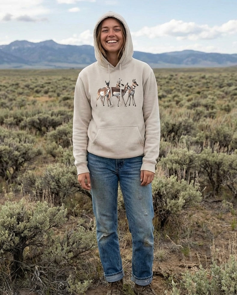 Light gray pullover hoodie with wildlife deer graphic and kangaroo pocket