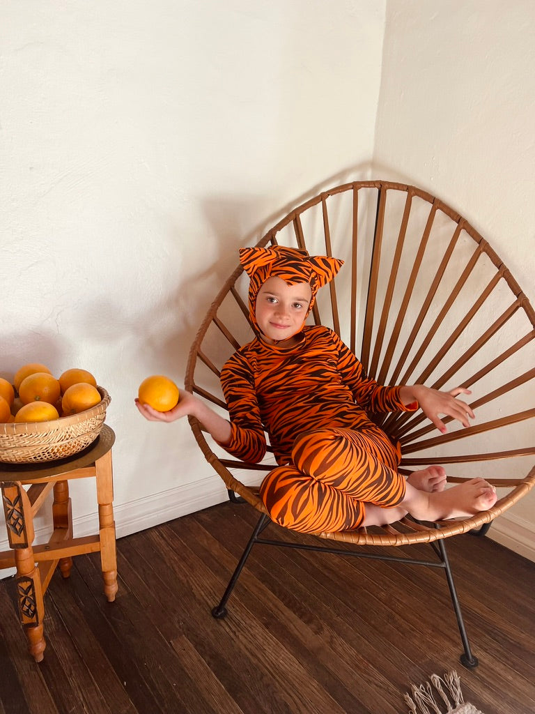 Orange tiger-print hooded costume with tail, child sitting in wooden chair indoors