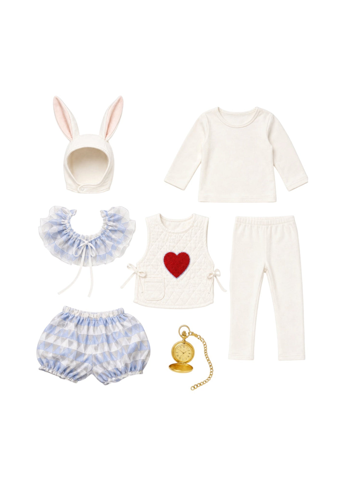 Rabbit costume set: ear hood, white long-sleeve top, red heart front, blue ruffled shorts, leggings