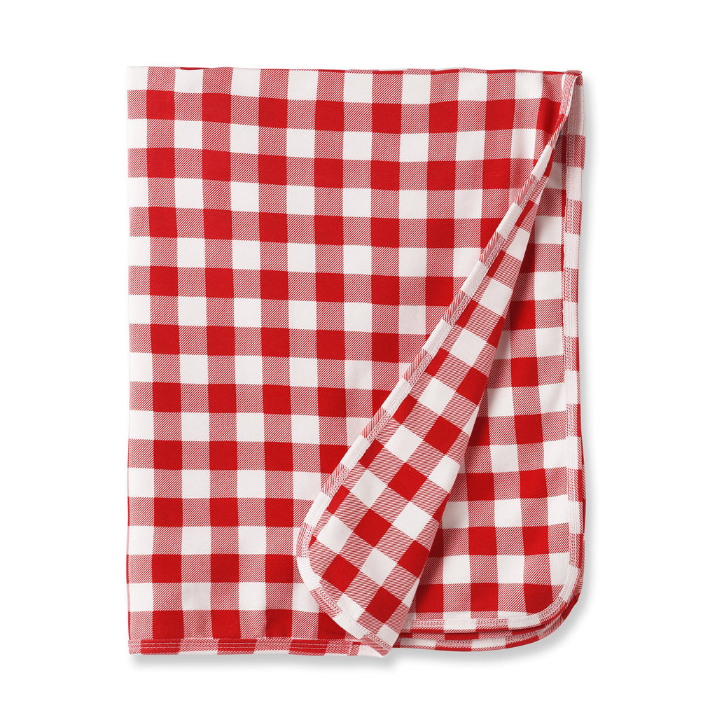 Red-and-white picnic plaid stroller blanket, soft bamboo weave with folded corner
