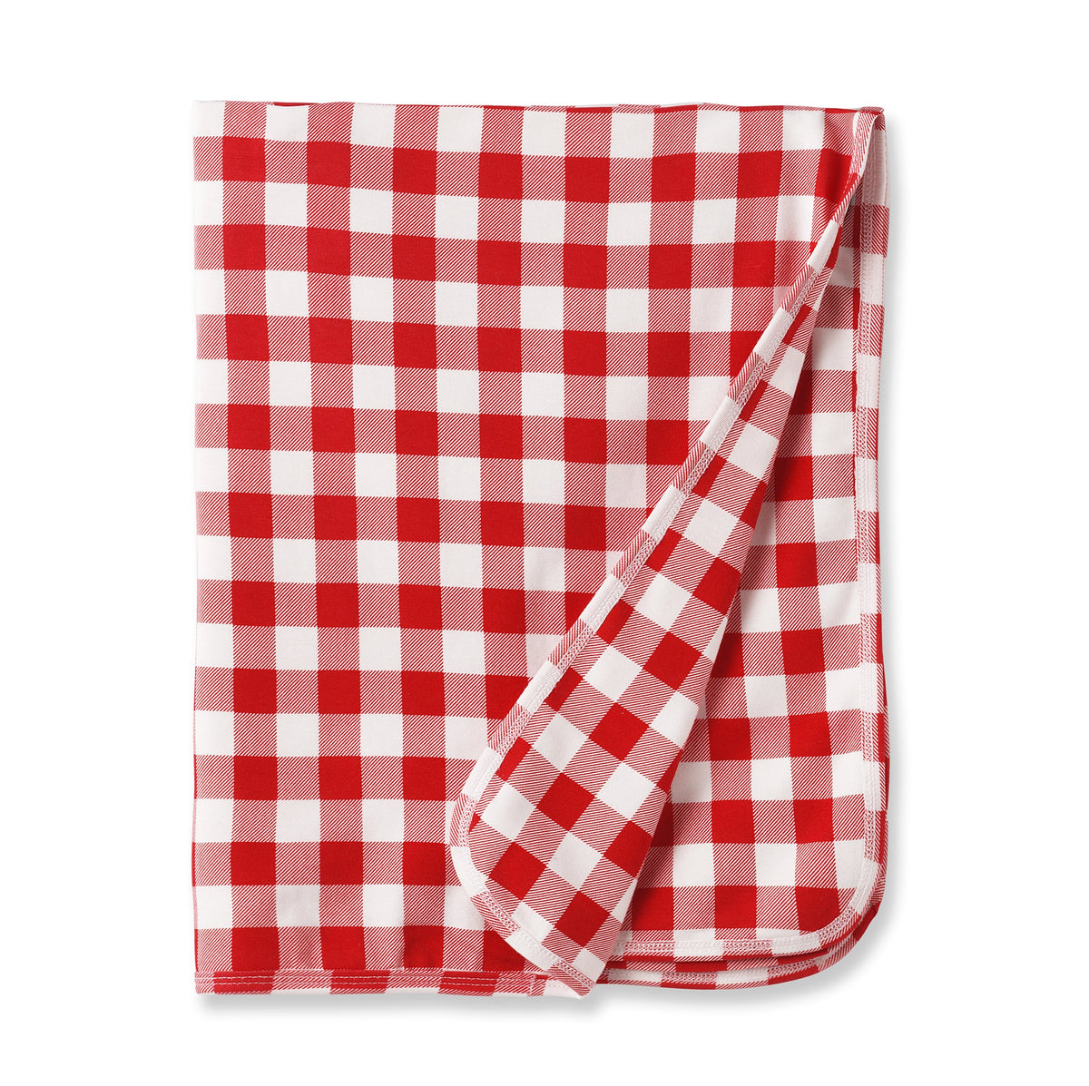 Red-and-white picnic plaid stroller blanket, soft bamboo weave with folded corner