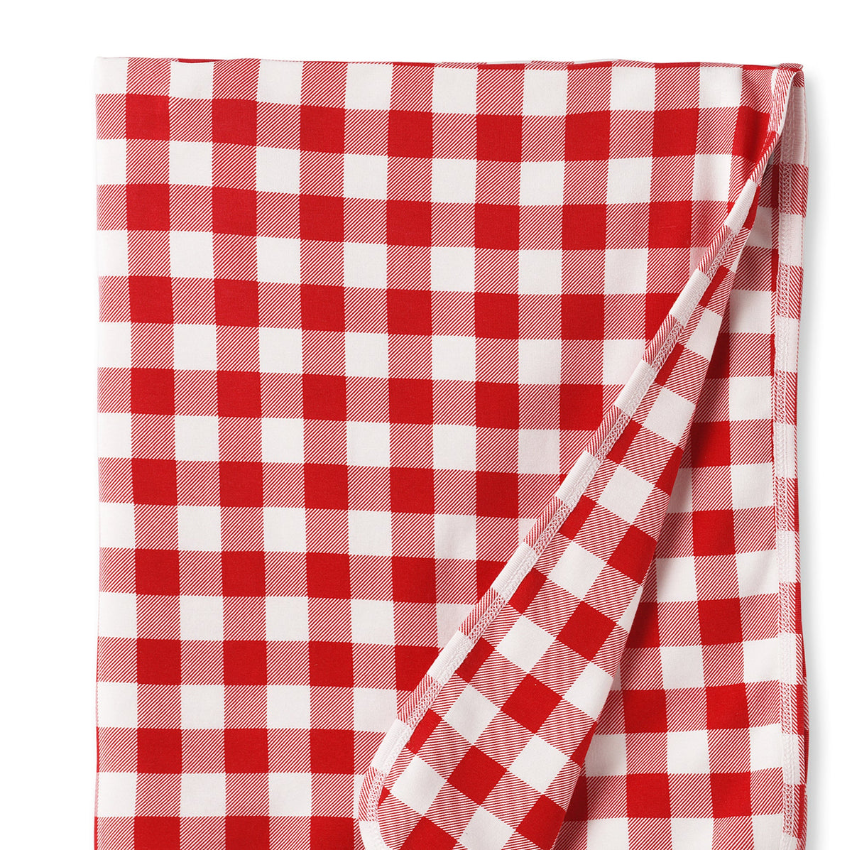 Red-and-white plaid stroller blanket with stitched edge and folded corner detail