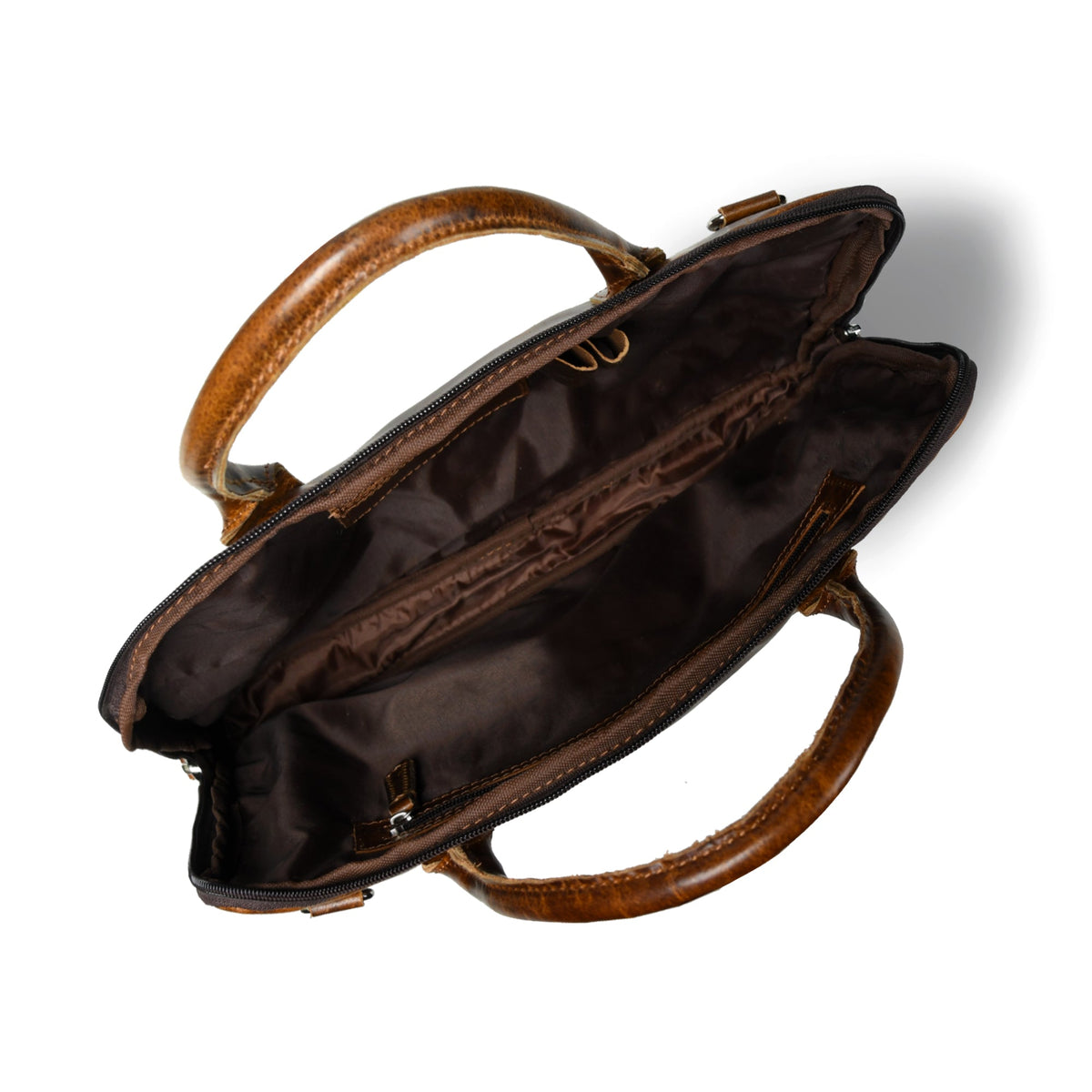 Dark brown leather laptop bag open, showing lined interior and zipper