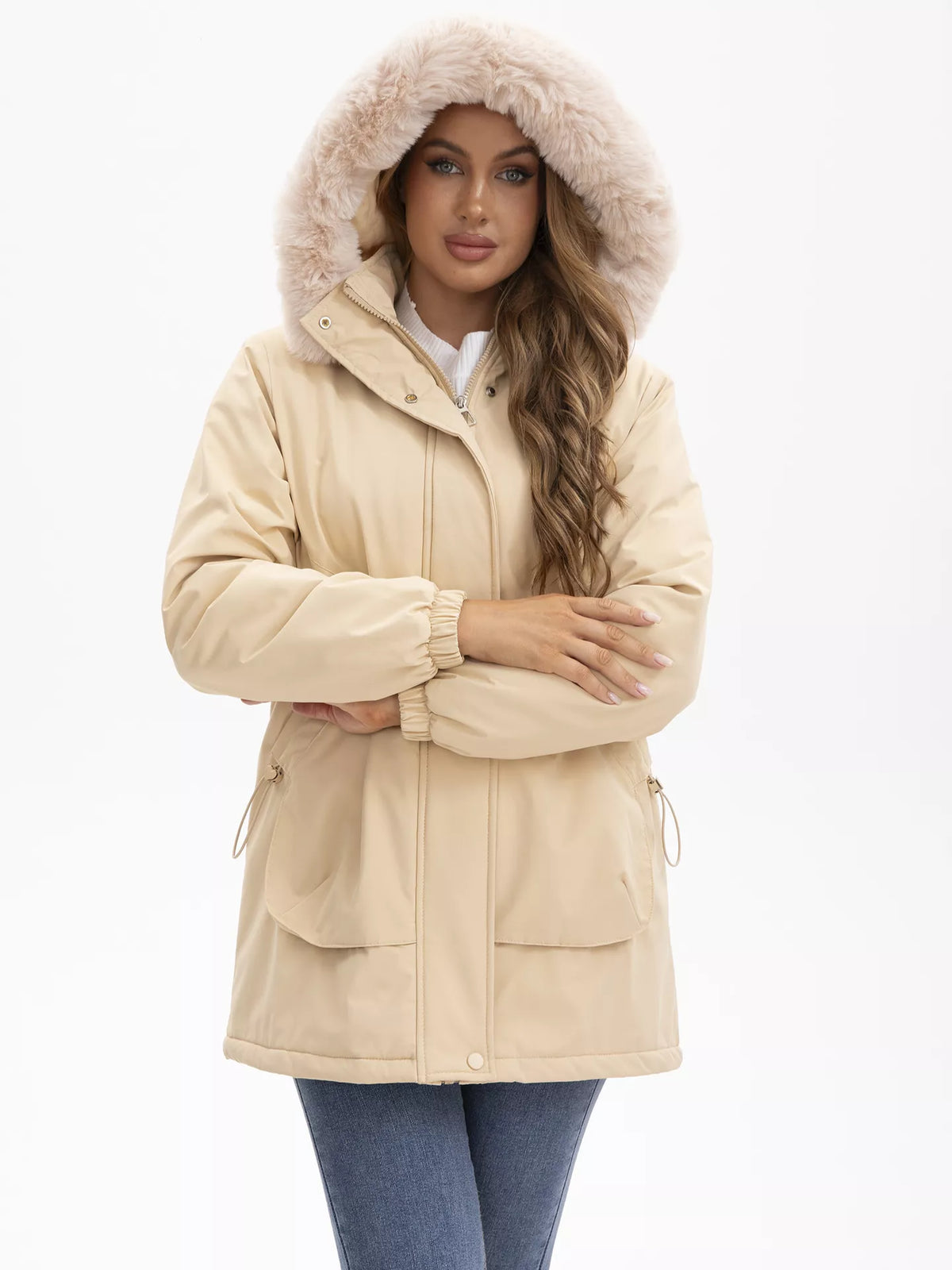 Khaki fur-hooded winter parka with front zip and faux-fur trimmed hood, drawstrings