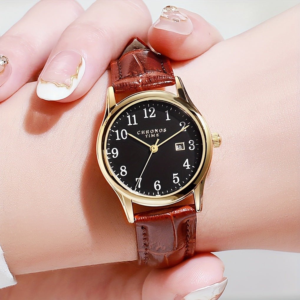 Minimalist digital-calendar wristwatch with black dial, brown leather strap, gold-tone case