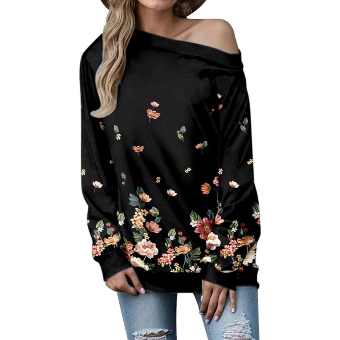 Women's off-shoulder sweater, black with small multicolor floral print, long sleeves