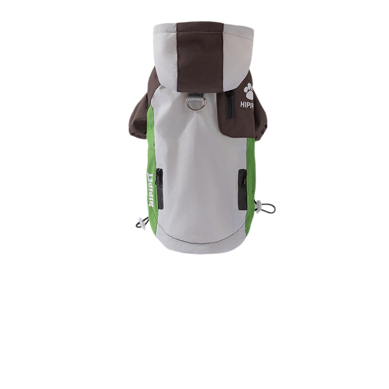 Waterproof dog outdoor jacket with hood, leash ring, and side pockets in grey and brown