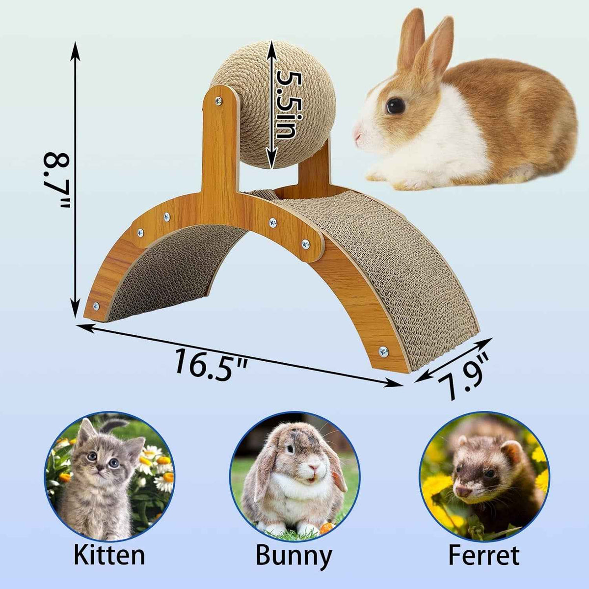 Arched cardboard scratcher with sisal ball, shown with product dimensions