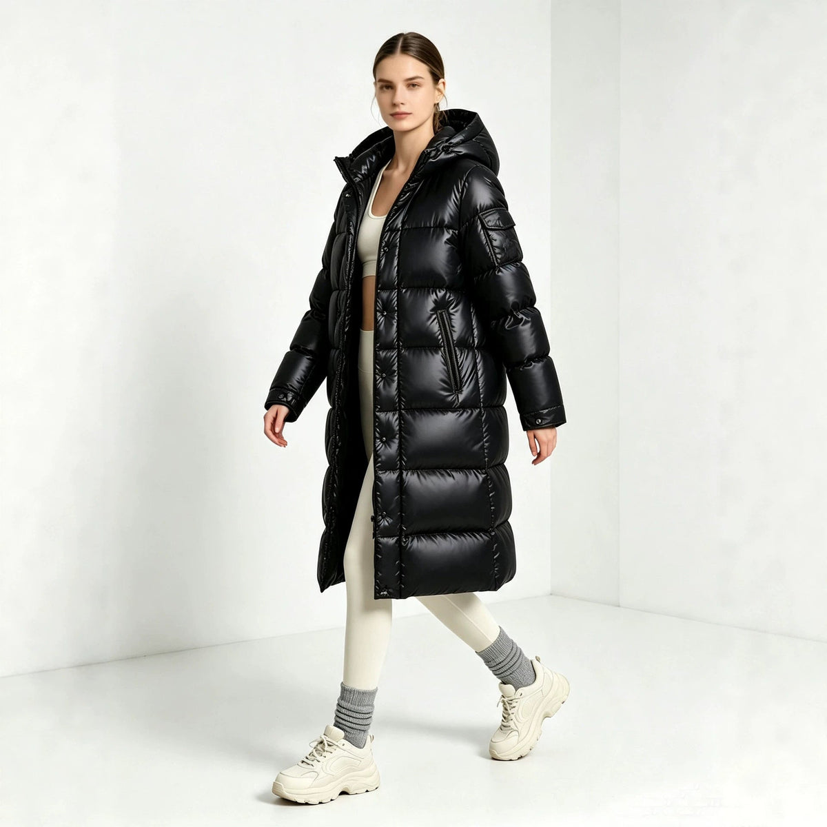 Black long padded hooded coat with front zipper and quilted panels, over-the-knee length