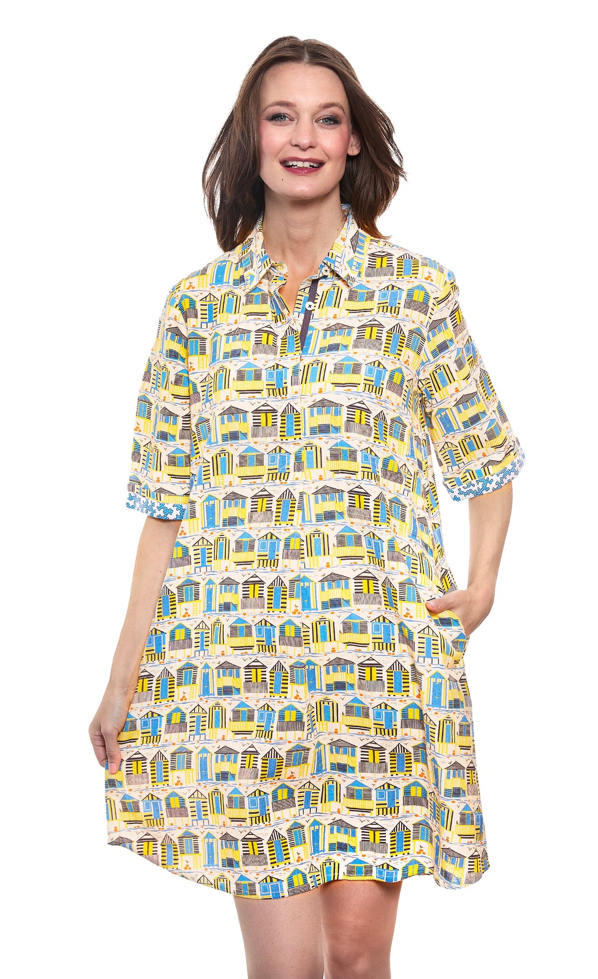 Cotton-linen cabana print shirt dress with short sleeves, button placket, straight hem