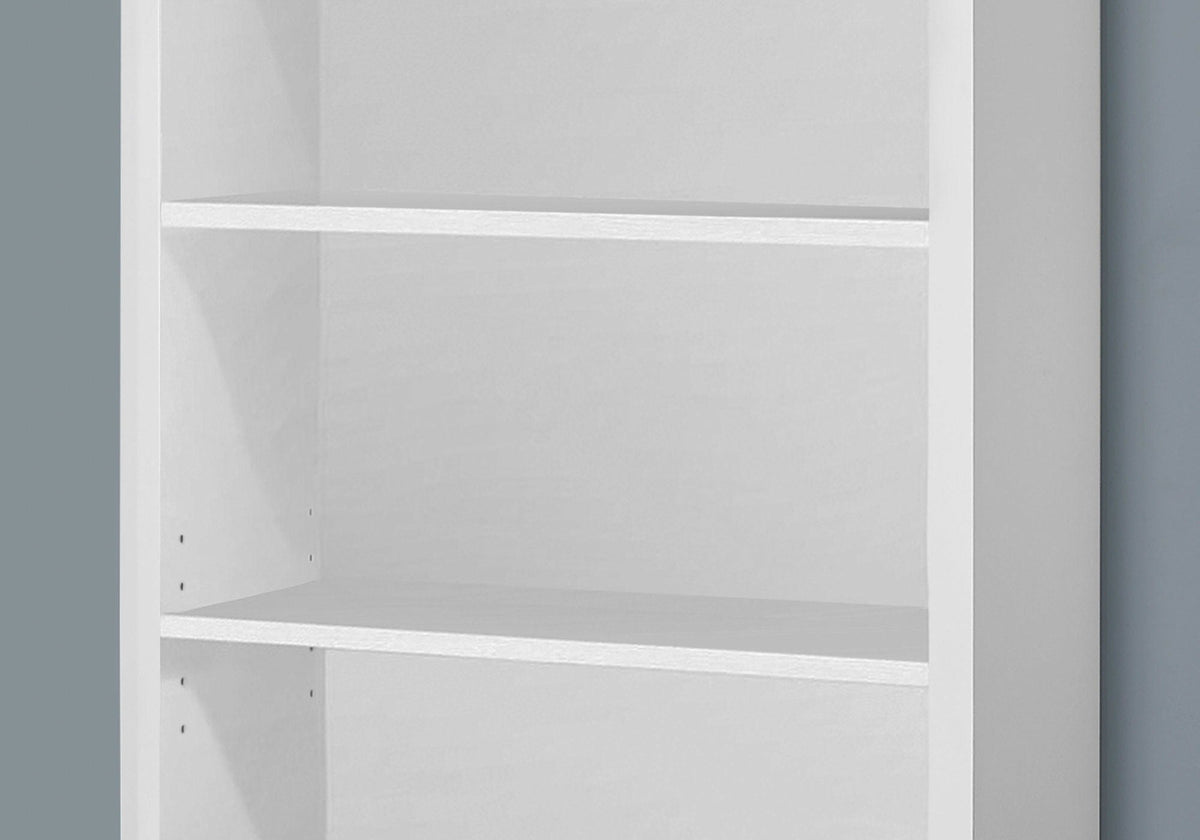 White open-shelf interior of 5-tier office bookshelf with partition panels.