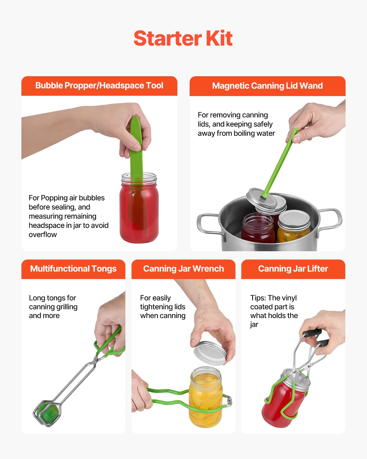 Green canning tools set: bubble/heads pace tool, magnetic lid wand, tongs, wrenches