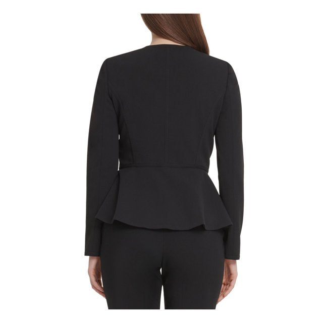 Black peplum jacket back view with waist-flare peplum hem