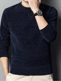 Men's plus size round neck long-sleeve sweater, dark blue knit with ribbed cuffs and hem
