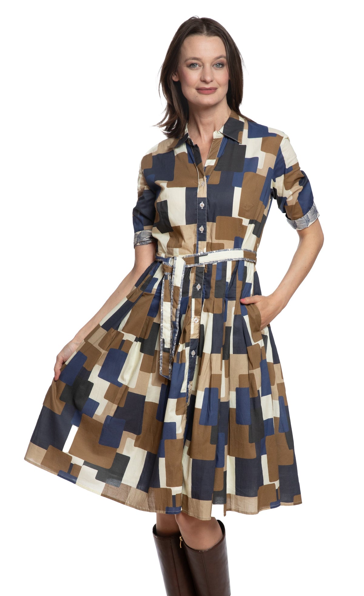 Square-block shirtwaist dress in navy, tan, and cream with buttons and belt