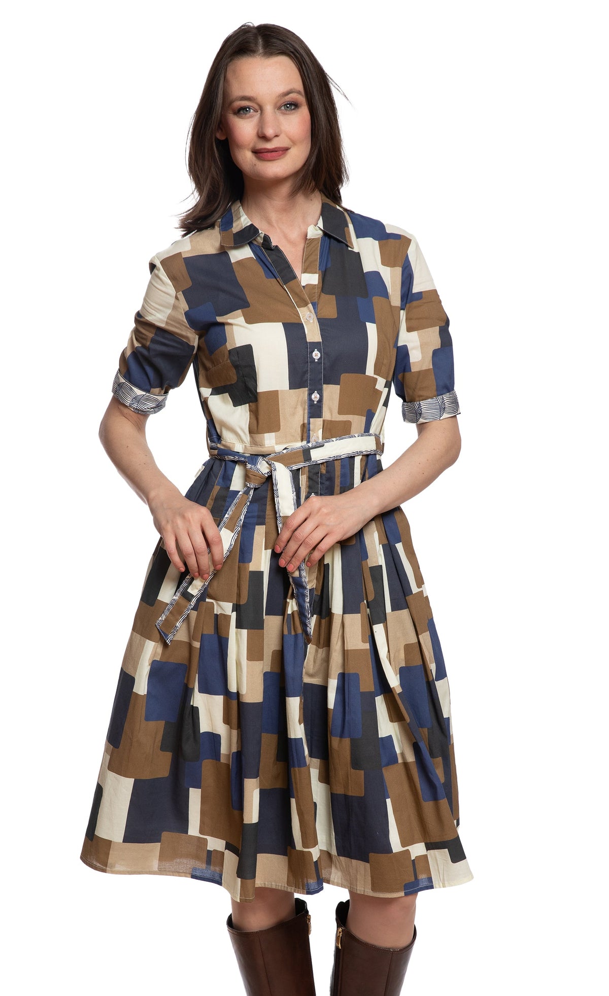 Square-block shirtwaist dress with 3/4 sleeves, button front, and tied waist belt