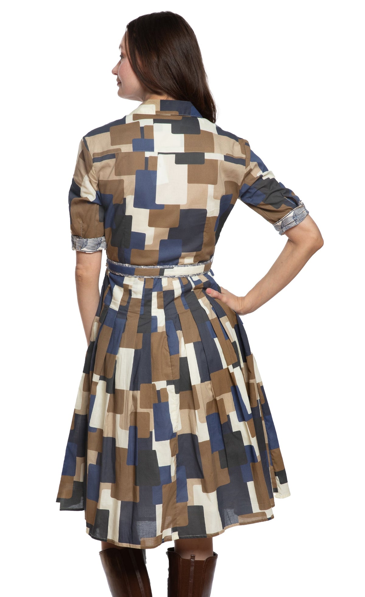Back view of square-block shirtwaist dress with belt and 3/4 rolled sleeves