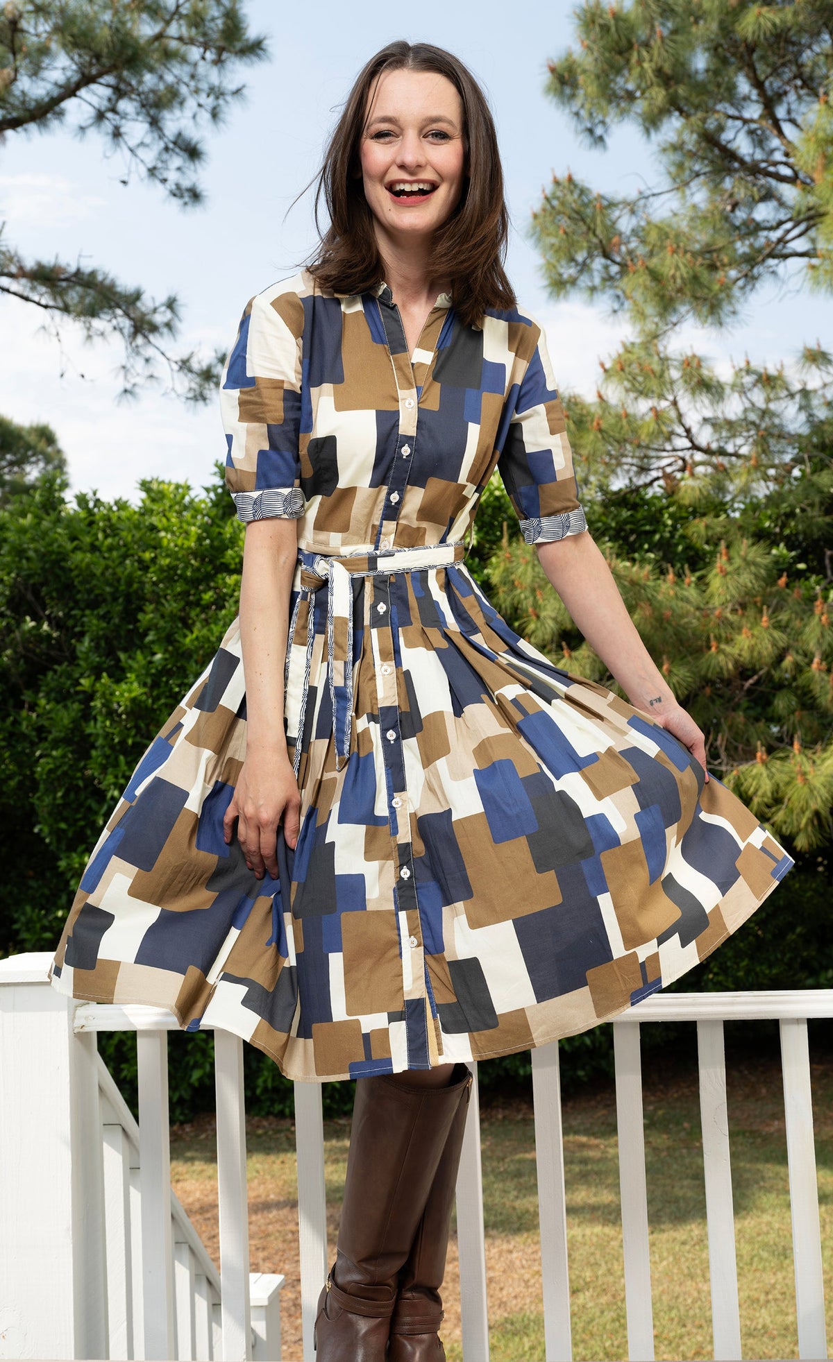 Plaid shirtwaist midi dress with square blocks, button front, and belted waist