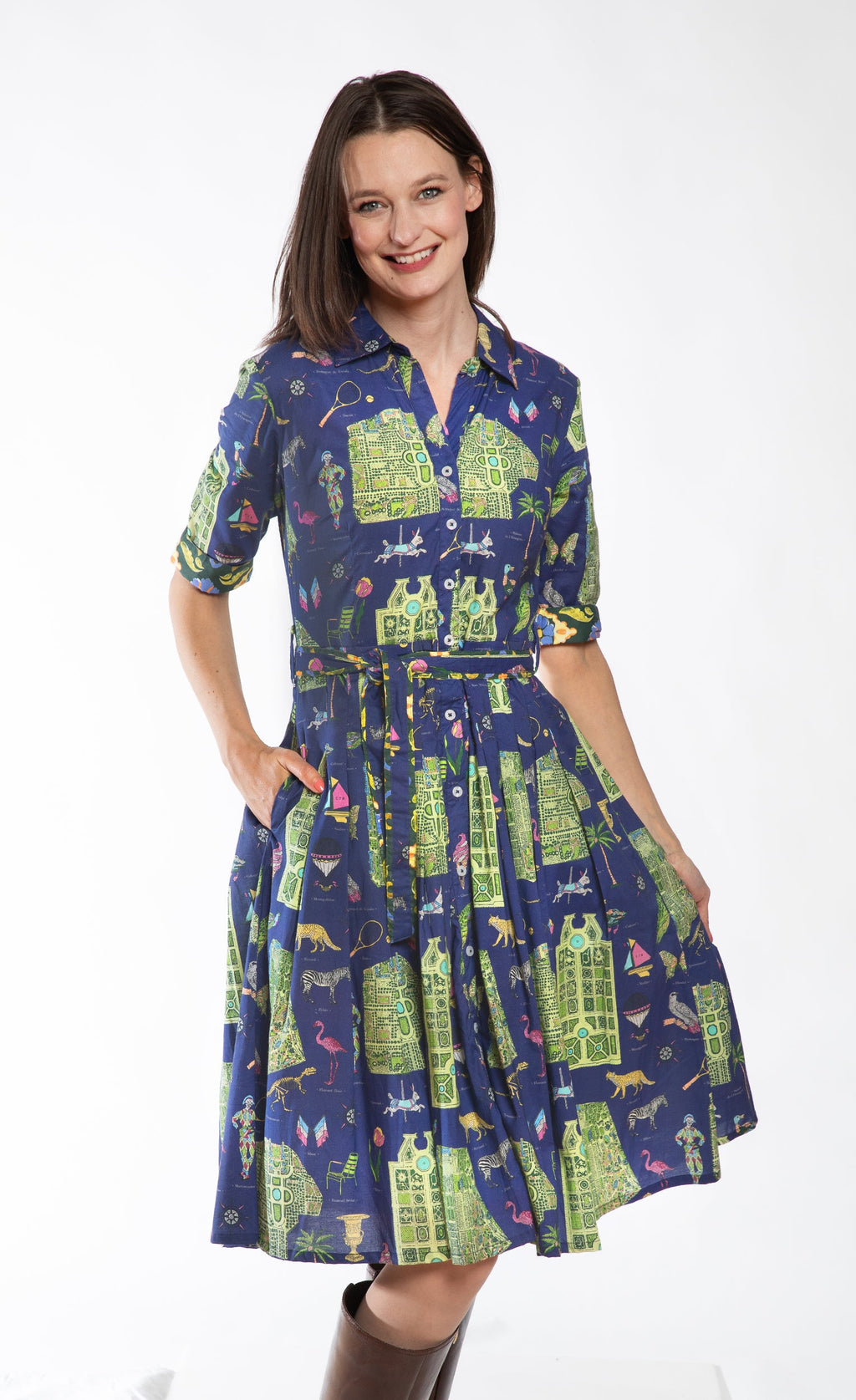 Navy Paris map print dress with collar, buttons, and belt at waist