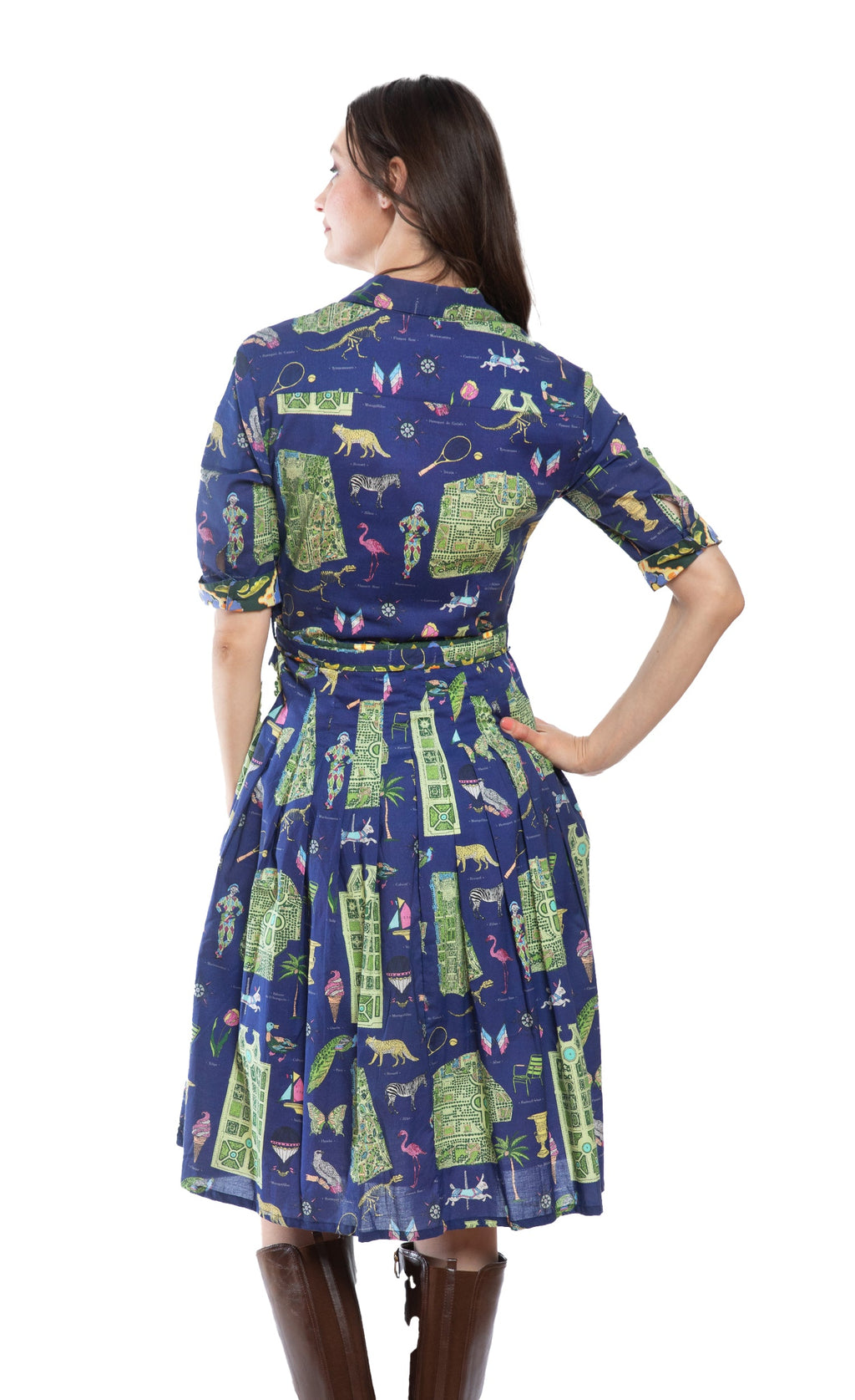 Back view: navy dress with Paris map print, button closure and tied waist