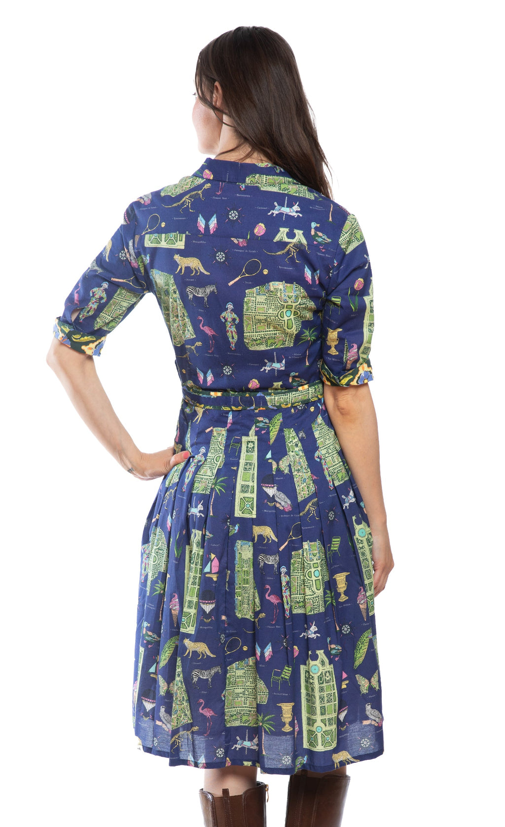 Back view navy dress with Paris map print, gathered waist and pleated skirt