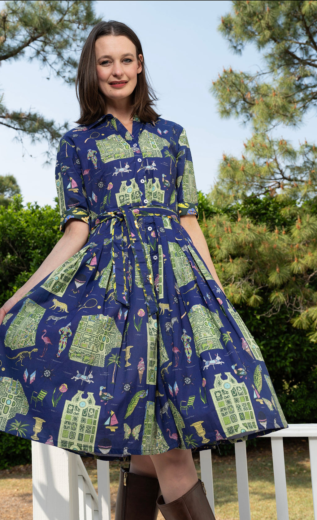 Navy dress with Paris map print, full skirt and three-quarter sleeves