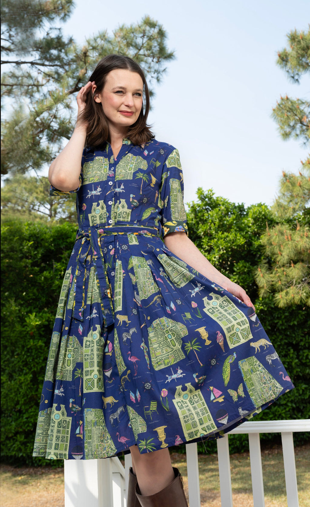 Navy dress with Paris map print, button-up bodice, gathered skirt
