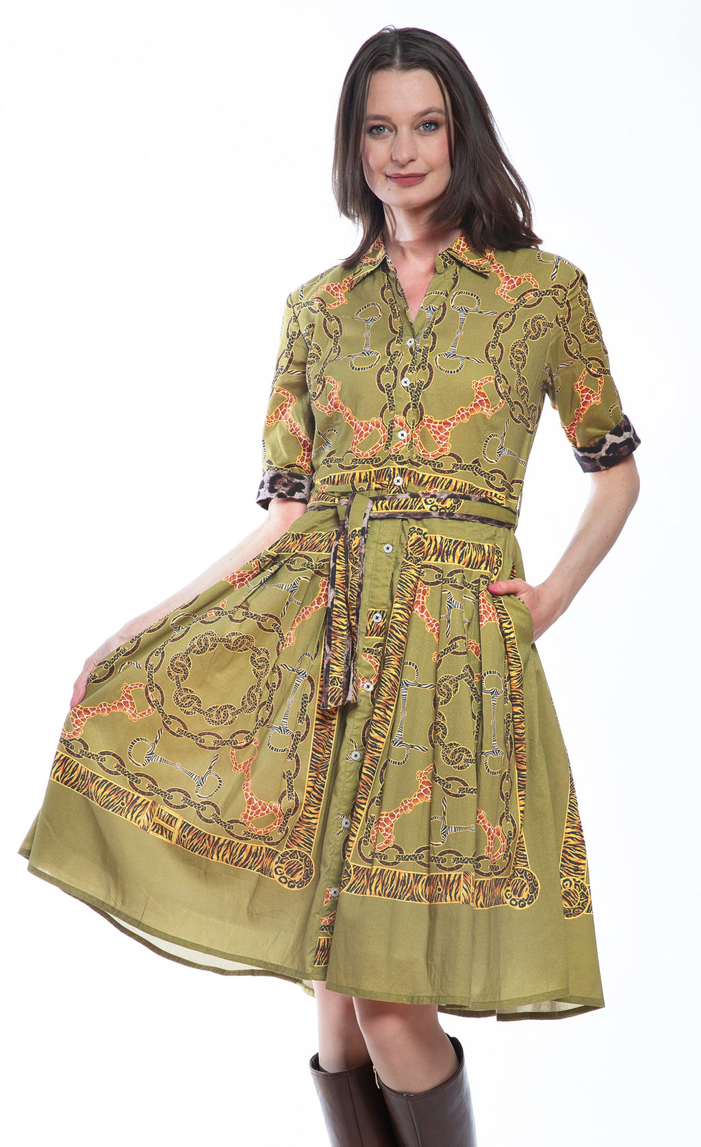 Olive green printed midi dress with tied waist belt, smocked cuffs, flared skirt