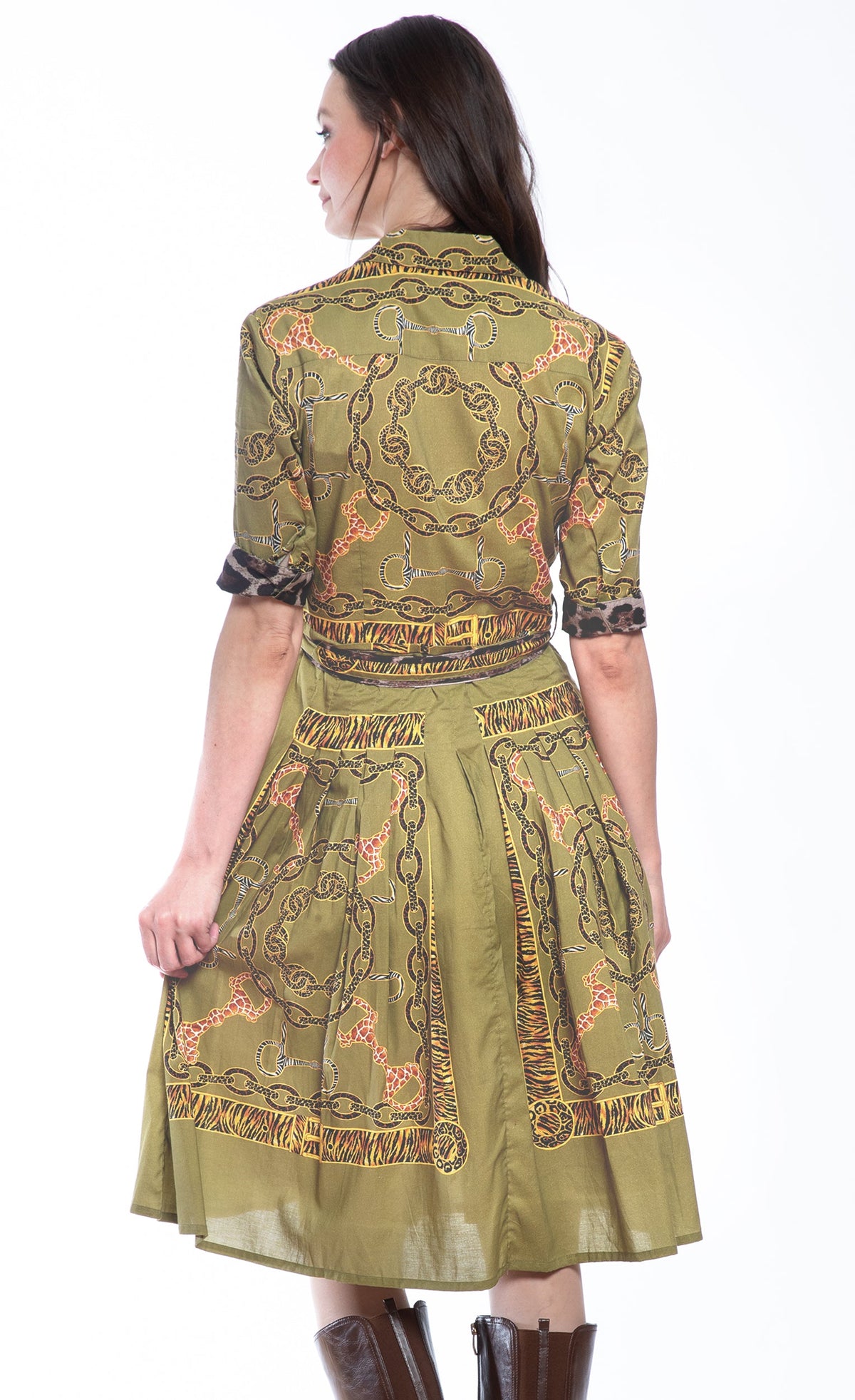 Olive green printed midi dress back view with tied waist belt, flared skirt