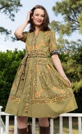 Olive green printed midi dress with matching belt, three-quarter sleeves, pleated skirt
