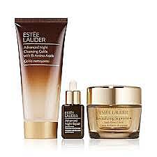 Estee Lauder 3-piece skincare set: face cream jar, serum bottle, and treatment tube