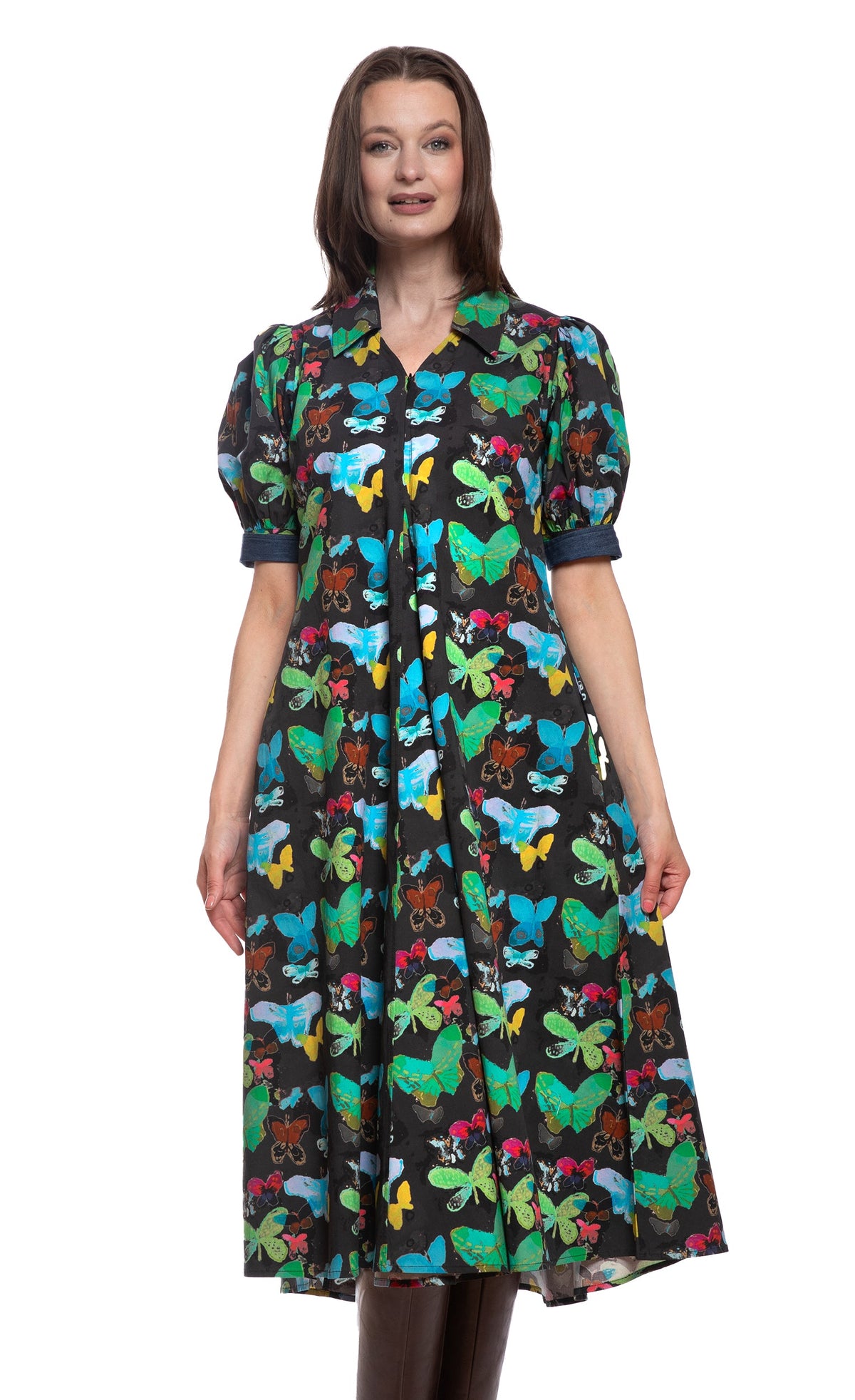 Black butterfly print dress with collared neckline and short puff sleeves