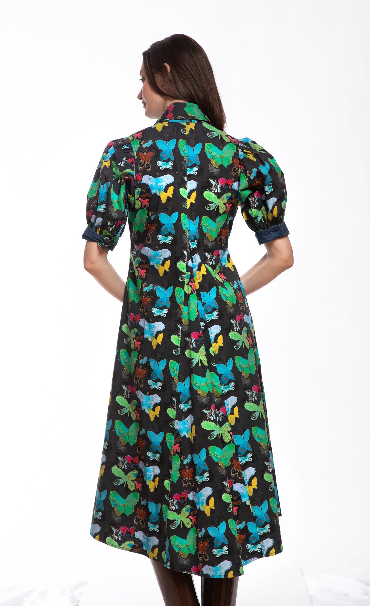 Black butterfly print dress with collared back yoke and short sleeves