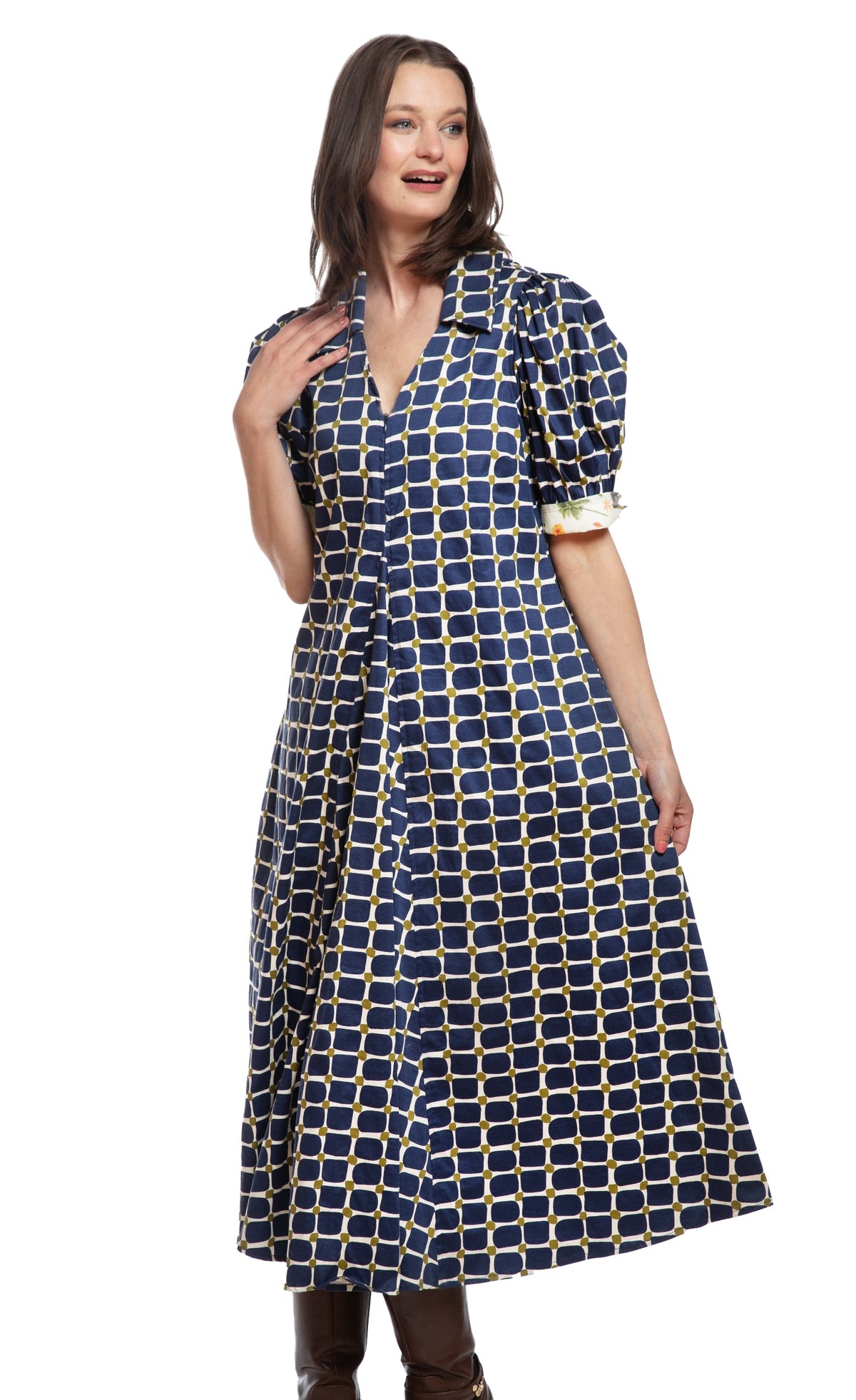 Navy grid print midi dress with V-neck, short sleeves and flared skirt
