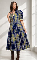 Navy grid print midi dress with V-neck and short puff sleeves