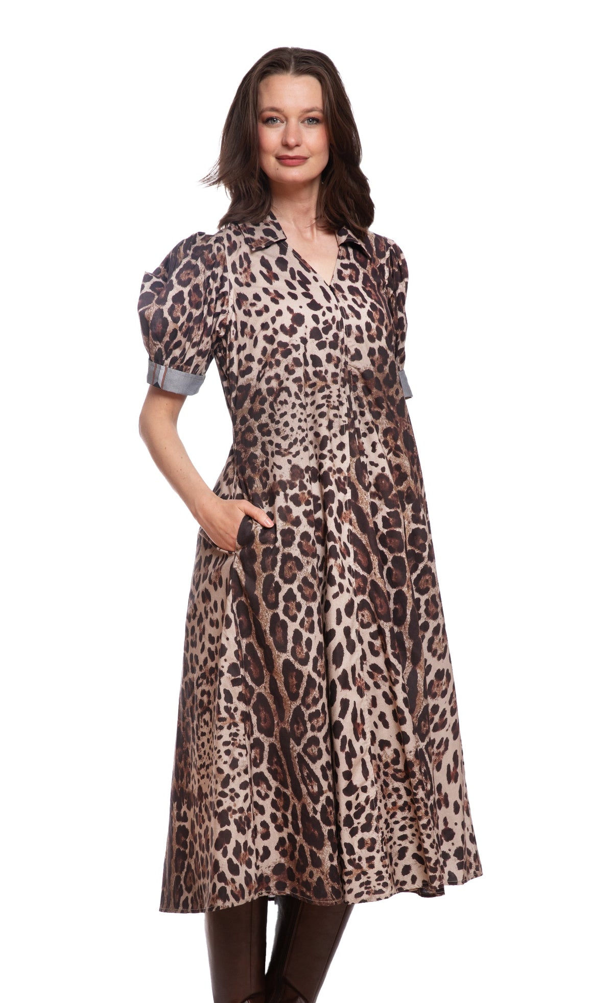 Cheetah print midi dress with V-neck, short puff sleeves, and side gathers