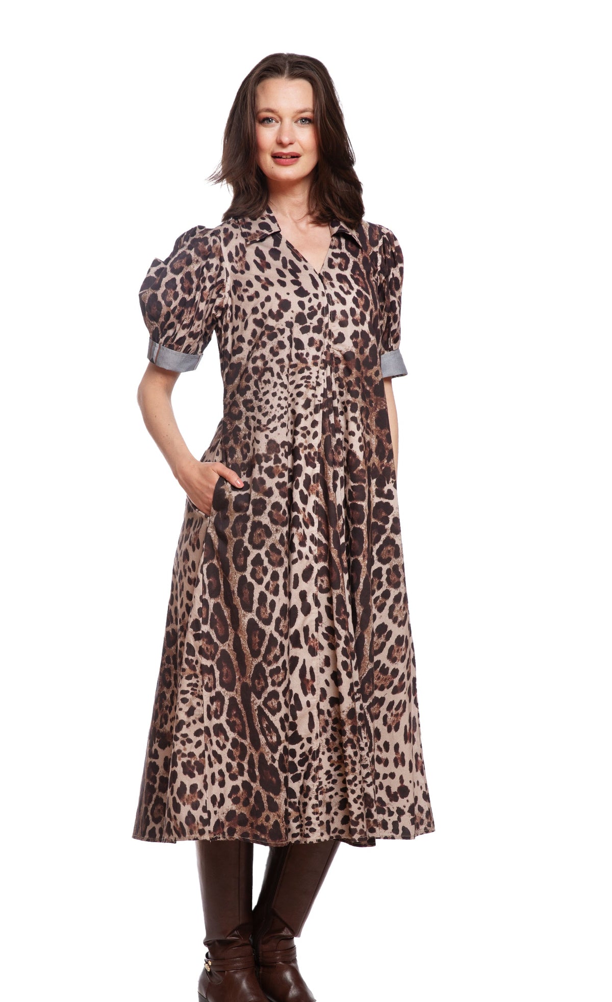 Cheetah print midi dress with V-neck, puff sleeves, and tiered skirt