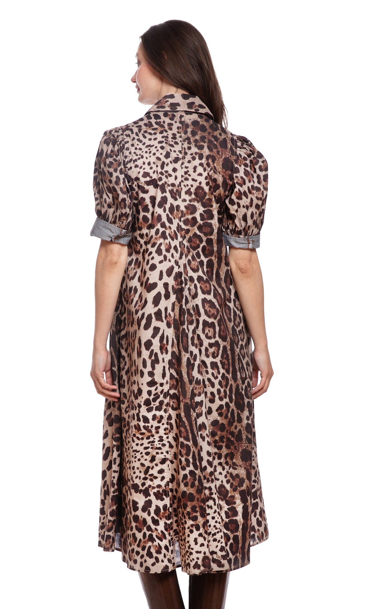 Cheetah print midi dress, back view with short puff sleeves and cinched waist